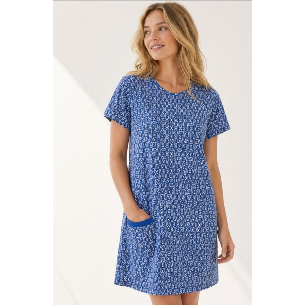Cabana Life Shift Dress M Blue White‎ Geometric Short Sleeve Resort